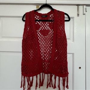 Rust Color Crochet Vest with Fringe